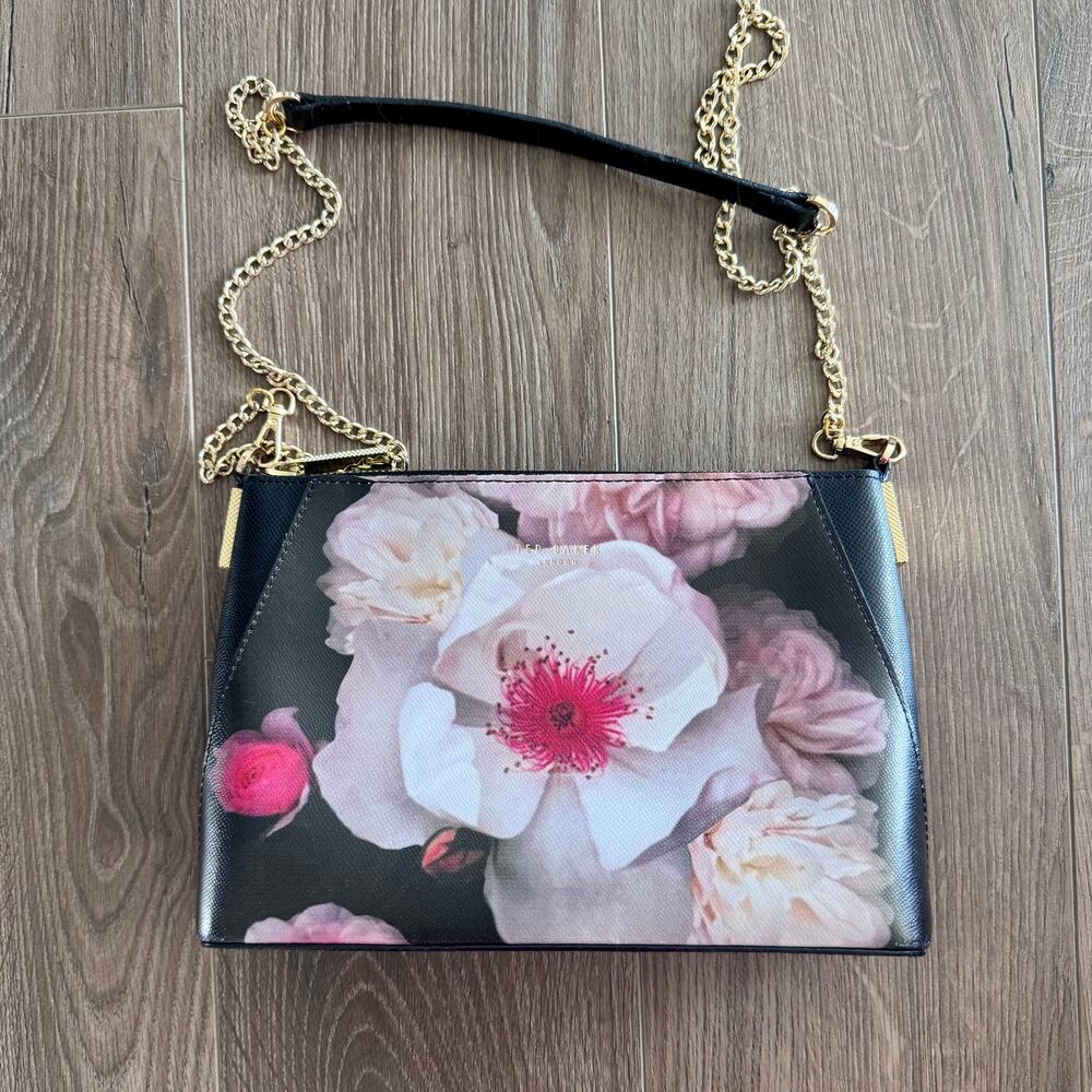 Ted Baker Lilitha Chelsea Mini Bag Crossbody Evening Leather Floral Black Gold